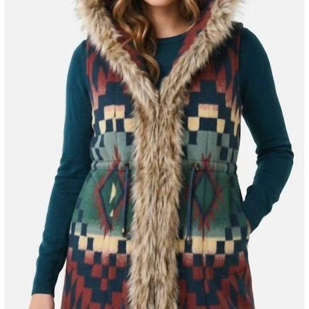 NEW TASHA POLIZZI saddle faux fur trim vest in navy print